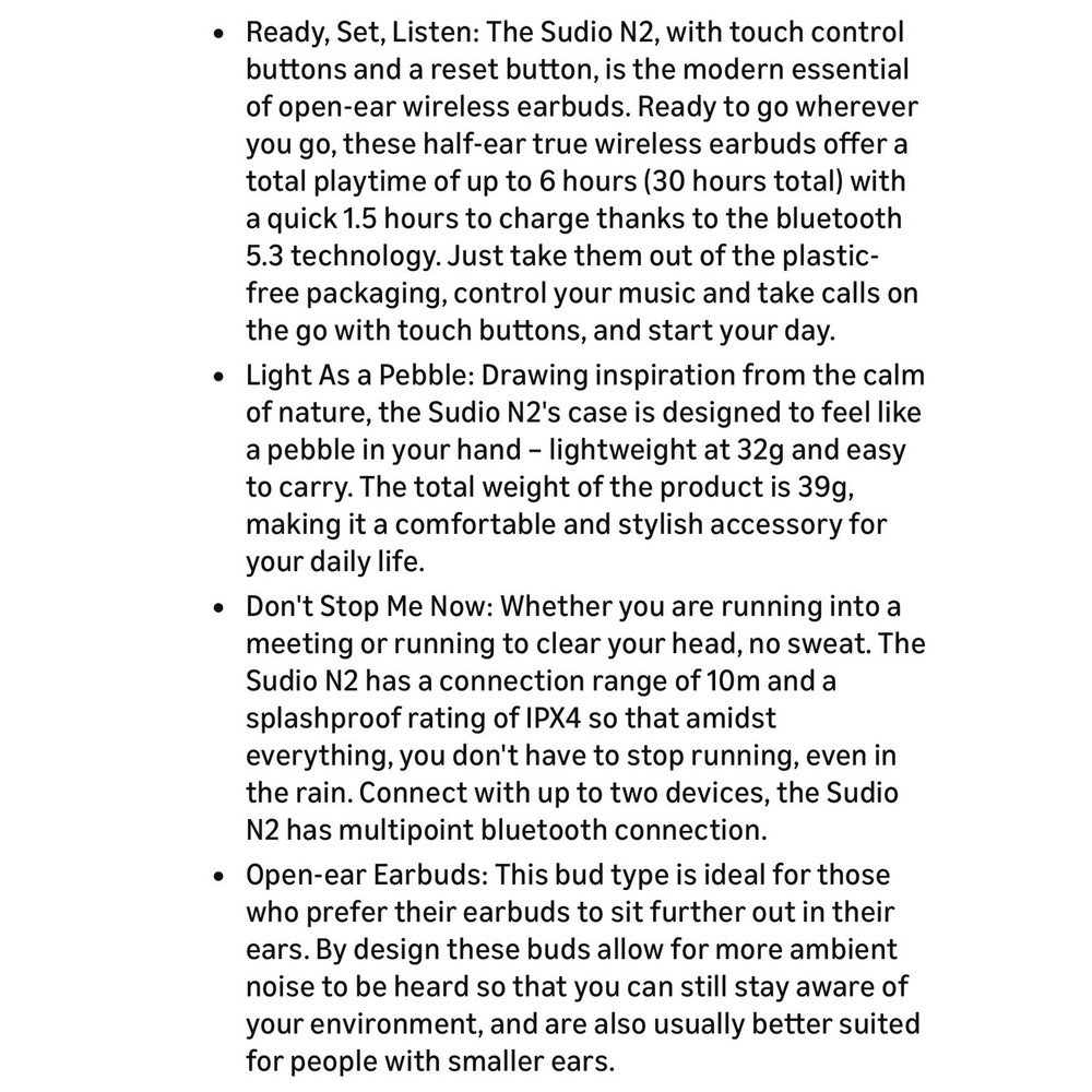 Sudio N2 True Wireless Earbuds Open Ear Fit‎ IPX4 Water Resistance Bluetooth Blk - Picture 6 of 6